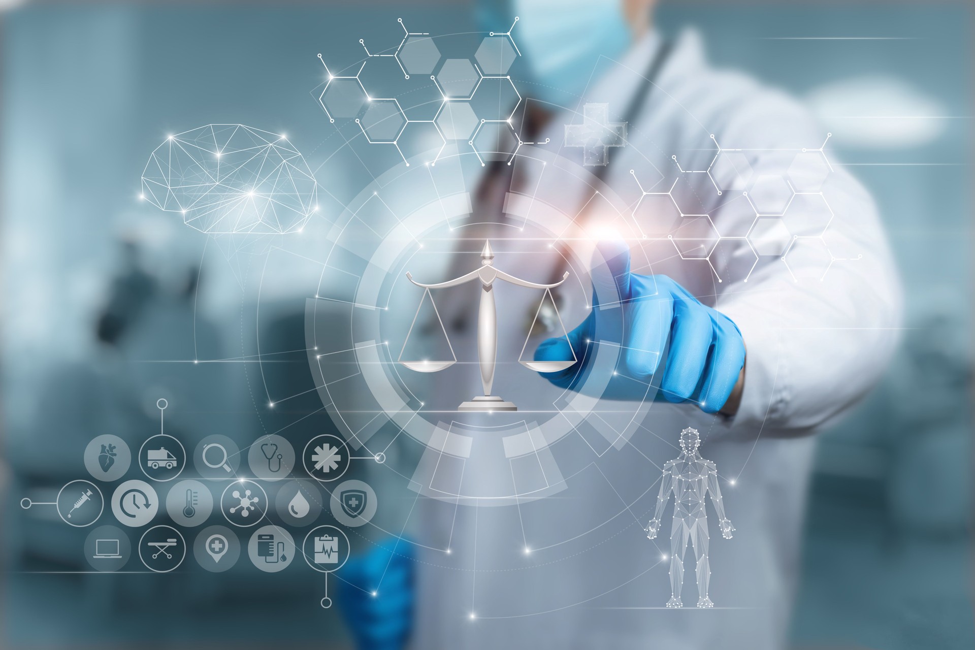 Doctor clicks on icon of scales justice on virtual screen.