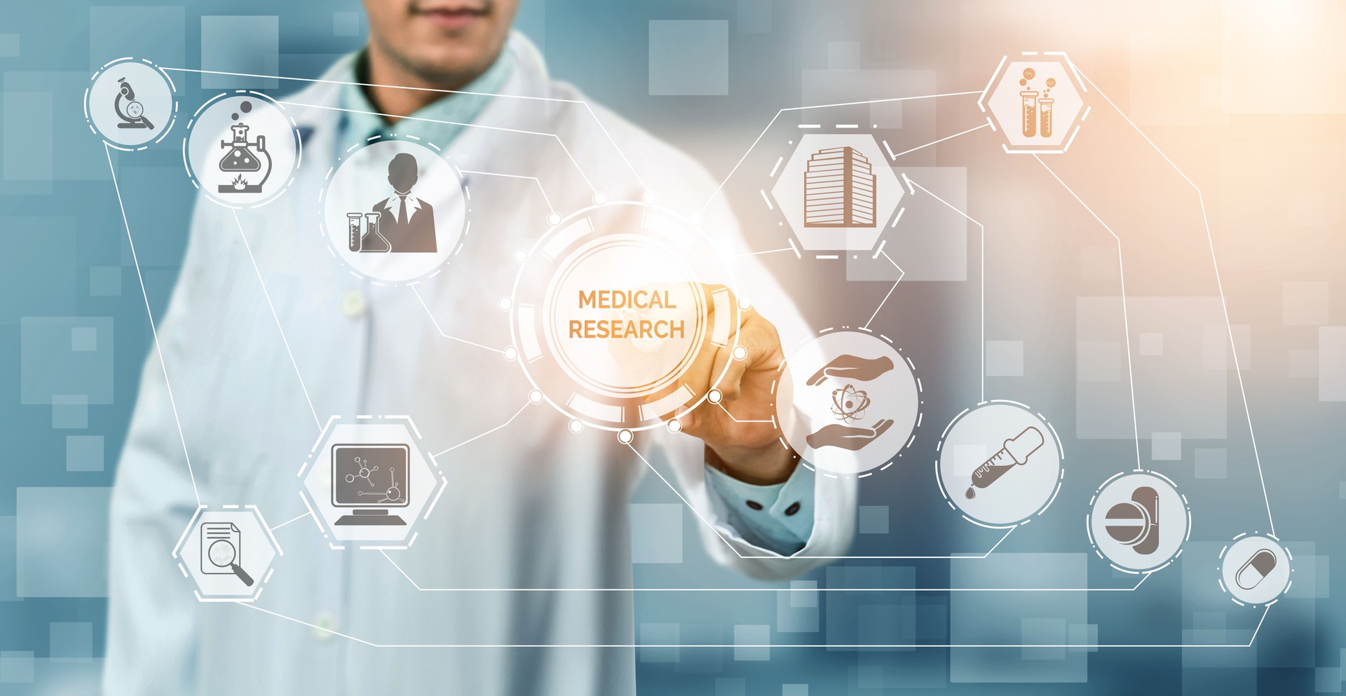 Medical Healthcare Research and Development Concept. Doctor in hospital lab with science health research icon show symbol of medical care technology innovation, medicine discovery and healthcare data.