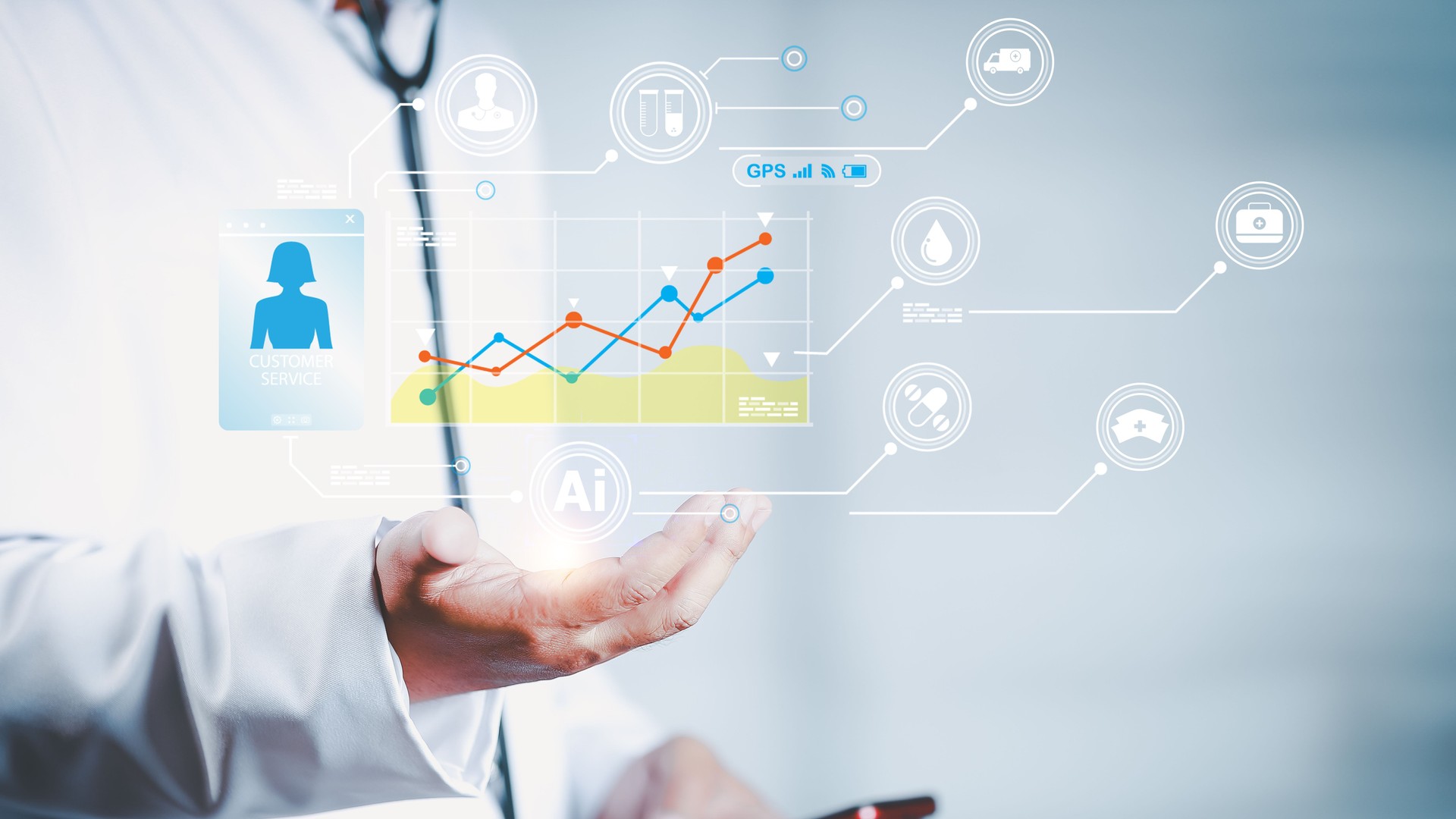 Doctor using futuristic medical icons, symbolizing digital healthcare innovation. Great for medical tech, telemedicine, and healthcare analytics.
